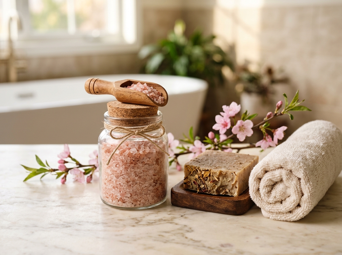 Bath and body category featuring Himalayan bath salts, artisanal soap, and plush towel