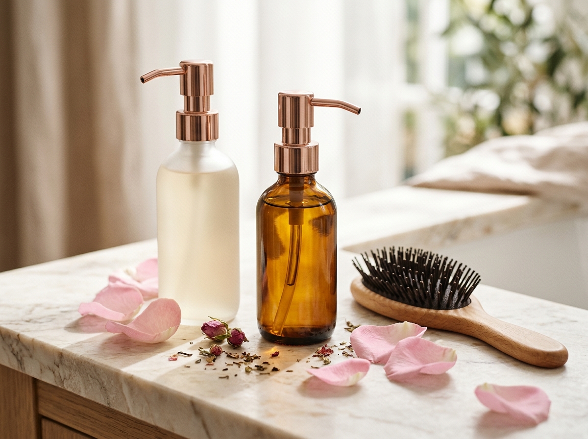 Haircare category featuring restorative elixirs, shampoos, and wooden comb