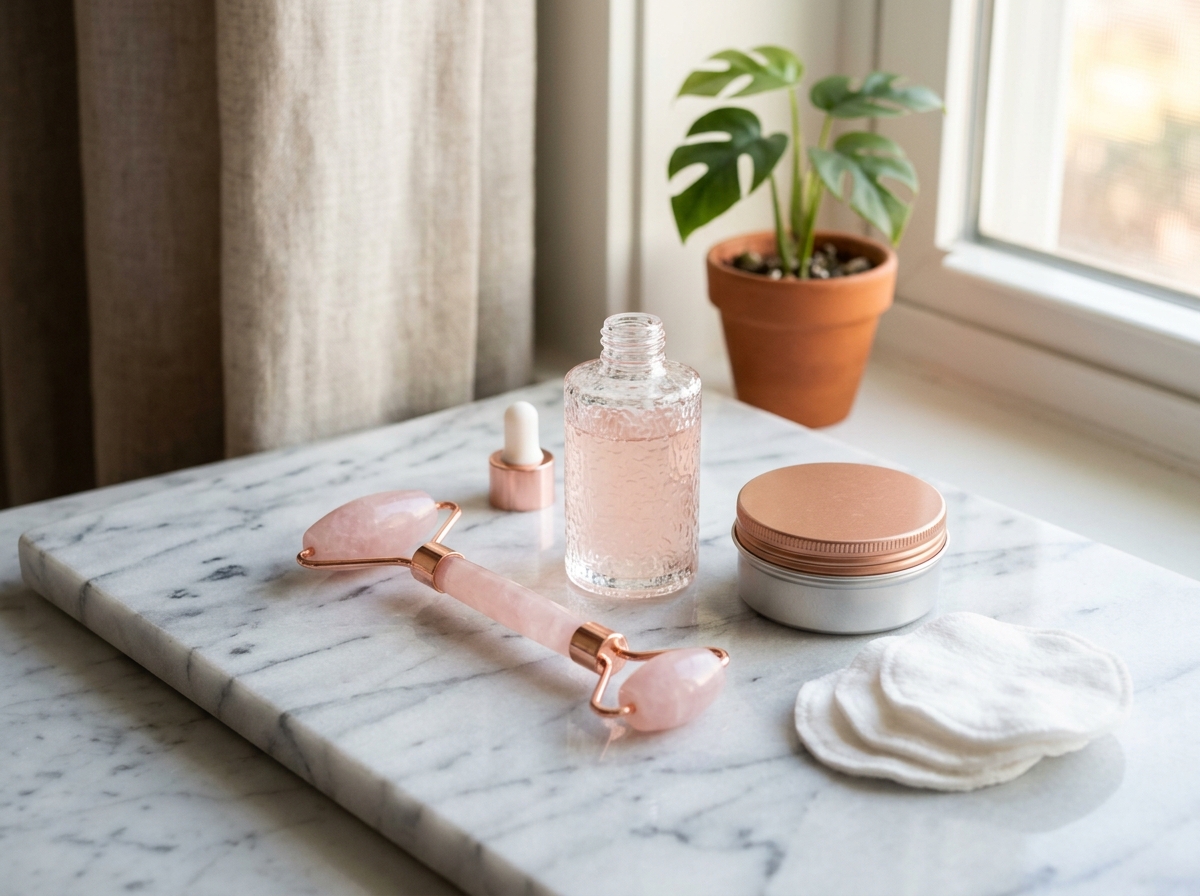 Personal care category featuring rose quartz roller, natural balm, and wellness essentials